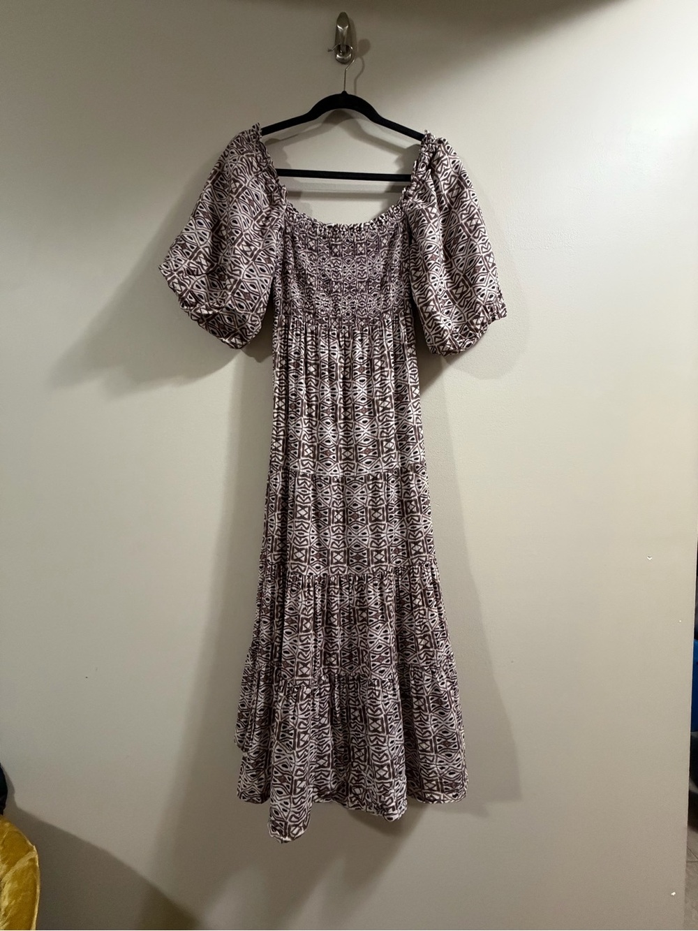 Noonday Collection Taupe Pattern Puff-Sleeve Maxi Dress